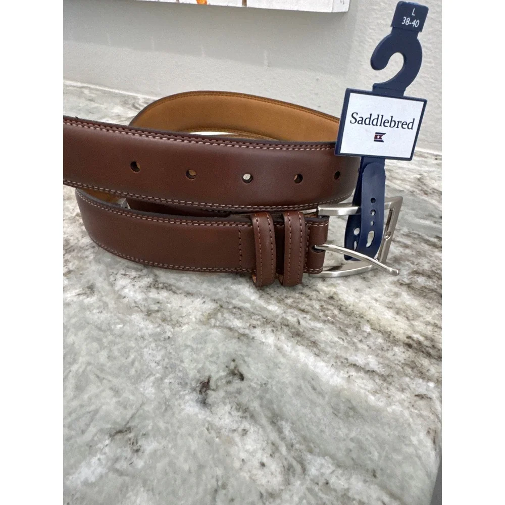 Saddlebred belt brown leather‎ strap double-stitch edges silver-tone buckle 38